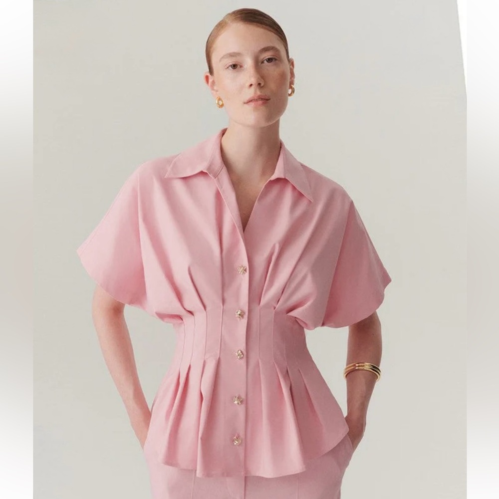 Exquise Georgia Shirt Pleated Waist Button-Up Blouse in Pastel Pink size 10